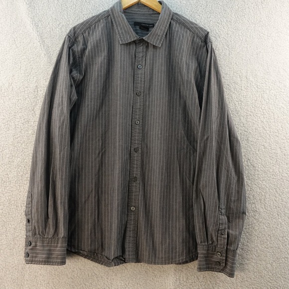 Calvin Klein Jeans Mens XL Gray Pinstripe Long Sleeve Button Down Shirt Preppy - Picture 1 of 6